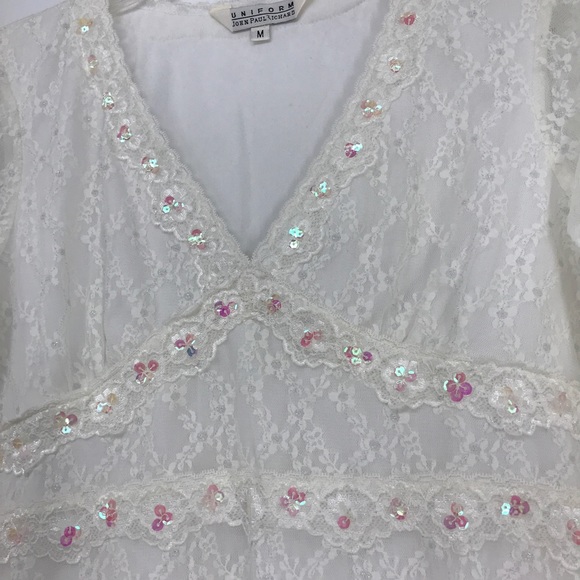 NEW Med 3/4 Sleeve Lace Sequence Off-White V neck Crochet - Picture 2 of 8